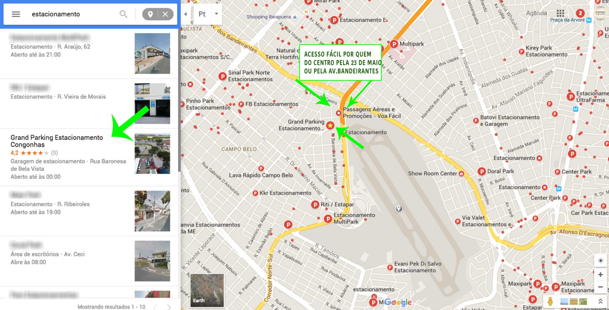 Mapa para estacionar em Congonhas usando o Google Mpas